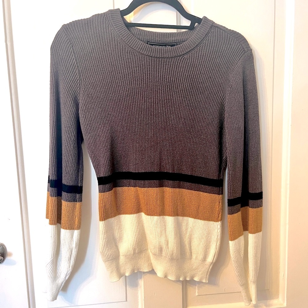 BCBG Grey, Brown, White, Yellow Color Block Fitted Sweater